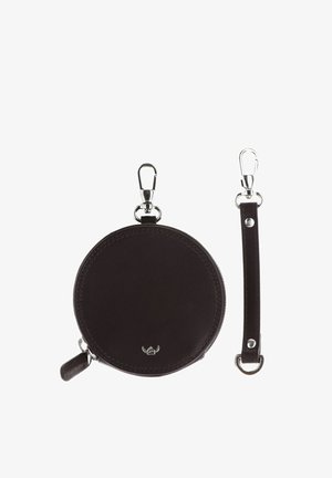 Round dark brown leather coin pouch with zipper and metal clip, paired with detachable leather strap with metal clips on both ends.
