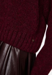 Bordeaux trui met een textuur gebreid, geribbelde zoom en gouden logo-detail, gedragen over een zachte, donkerbruine geplooide leren rok.