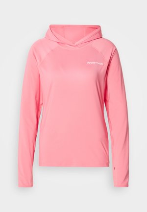 Φούτερ με μακριά μανίκια σε έντονο ροζ χρώμα, κατασκευασμένο από ελαφρύ ύφασμα. Διαθέτει κουκούλα με σταυρωτή σχεδίαση και λογότυπο στο στήθος. Ομαλή υφή.