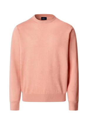 Pehmeä vaaleanpunainen pitkähihainen pyöreäkauluksinen neule, jossa on resorit hihansuissa ja helmassa, esitetty valkoisella taustalla.