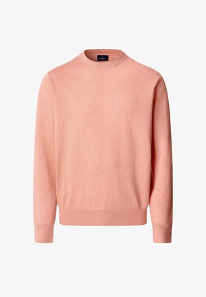 Pull rose pâle à manches longues avec col rond, poignets et ourlet côtelés, présenté sur un fond blanc.