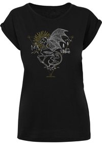 Black short-sleeve t-shirt featuring a white and gold dragon skeleton graphic, decorative mountain and castle motifs, with a relaxed fit.