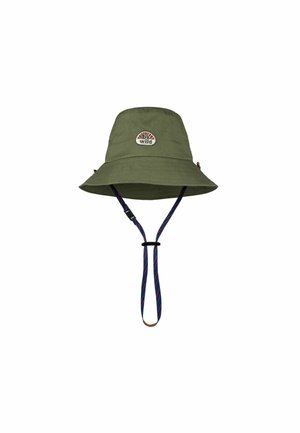 Olive green bucket hat with adjustable chin strap and "be wild" patch on the front, suitable for outdoor activities.