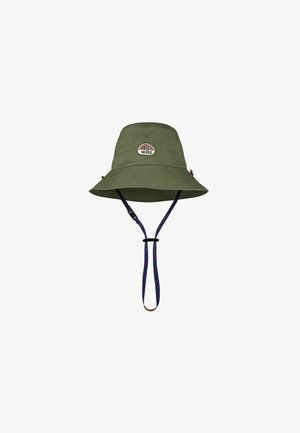 Olive green bucket hat with adjustable chin strap and "be wild" patch on the front, suitable for outdoor activities.