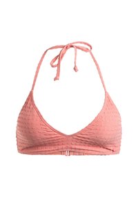 Roze bikini top met een gestructureerd ruitpatroon, driehoekige vorm, verstelbare bindbanden en een metalen sluiting aan de achterkant.