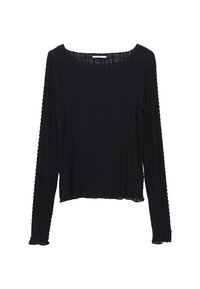 Langærmet bluse i sort tekstureret stof med rund halsudskæring, sidesømme og en let cropped kant. Har et ribbet mønster.