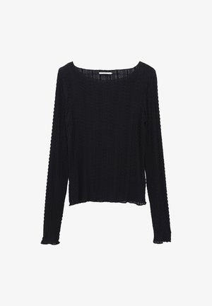 Langsleeve top in zwarte gestructureerde stof met een ronde hals, zijnaden en een iets gekorte zoom. Heeft een geribbeld patroon.