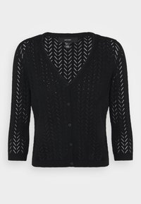 Cardigan noir en V avec un motif en dentelle chevron, manches longues et cinq boutons à l'avant, présenté sur un fond blanc.