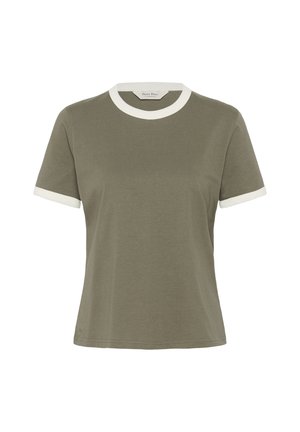 Olivzaļš īss piedurkņu T-krekls ar baltu apaļu apkakli un piedurkņu apmalēm, vienkāršs dizains, ikdienišķs stils.