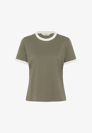 Olivzaļš īss piedurkņu T-krekls ar baltu apaļu apkakli un piedurkņu apmalēm, vienkāršs dizains, ikdienišķs stils.