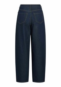 Dark blue wide-leg denim jeans with high waist and two back pockets with brown stitching.