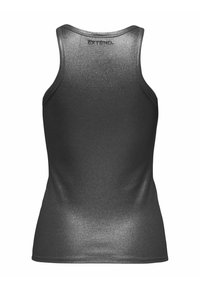 Débardeur ajusté en gris foncé, fabriqué en tissu lisse et extensible. Il présente un col rond et de larges bretelles. Le dos est uni sans embellissements.