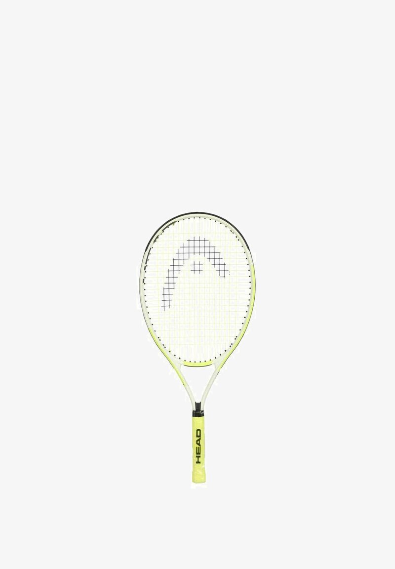 Racchetta da tennis con telaio giallo e nero, testa ovale e un piano di corde bianco con un motivo distintivo del logo sulle corde.