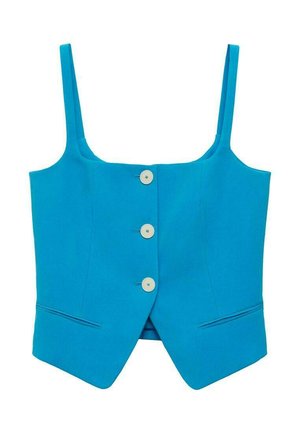 Light blue cropped top with thin straps, four white buttons down the front, and two pockets, featuring a fitted design and smooth texture.