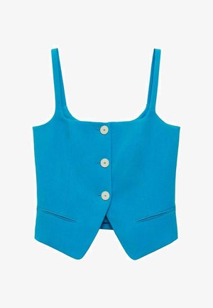 Top corto blu con spalline sottili, con scollo quadrato, quattro bottoni bianchi e due tasche frontali. Tessuto dalla texture liscia.