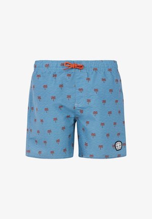 Lichtblauwe zwemshorts met een visgraatstructuur, met een palmbomenpatroon in het rood. Inclusief een oranje trekkoord en logopatch.