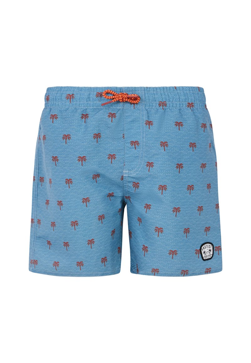Pantaloni da mare azzurro chiaro con texture a spina di pesce, caratterizzati da un motivo di palme rosse. Include un cordino arancione e una patch con logo.