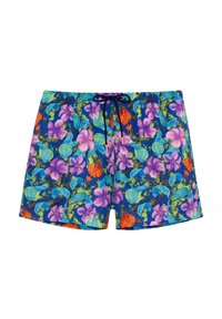 Costume da bagno floreale con sfondo blu, motivi multicolori di hibiscus e foglie, dotato di vita regolabile con coulisse e tasche laterali.