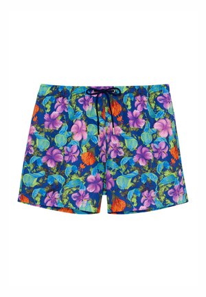 Květnaté plavky s modrým pozadím, vícolorovými vzory ibišku a listů, s nastavovací šňůrkou v pase a bočními kapsami.