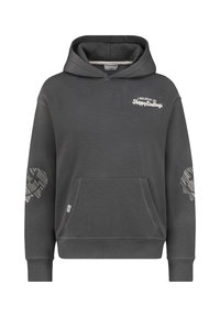 Grijze hoodie met een voorzak, voorzien van de tekst "IK GLOOF IN Gelukkige Einden" en hartpatronen op de mouwen in een gestructureerd ontwerp.
