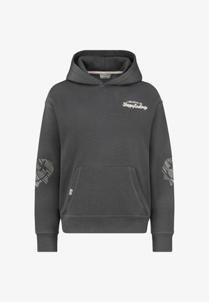 Grey hoodie with a front pocket, featuring “I BELIEVE IN Happy Endings” text, and heart patterns on the sleeves in a textured design.