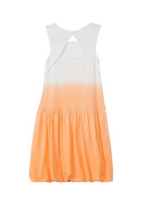 Weißes und orangefarbenes Kleid mit Farbverlauf, ärmellosem Design, weichem Material, gerafftem Bund und einem Cut-Out-Detail auf der Rückseite.