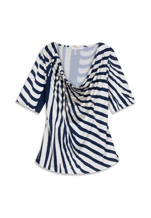 Blauw-wit gedrapeerde top met korte mouwen, voorzien van een gestreept patroon en een diepe halslijn. De stof oogt zacht en licht van gewicht.