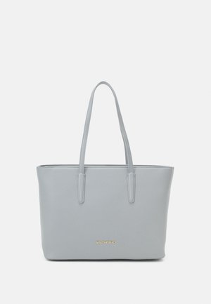 Light grey leather tote bag with two handles, rectangular shape, textured finish, and gold "VALENTINO" logo on the front.