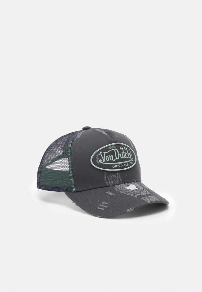 Black and green mesh trucker cap with a distressed brim and a central oval patch featuring the "Von Dutch Originals" logo.
