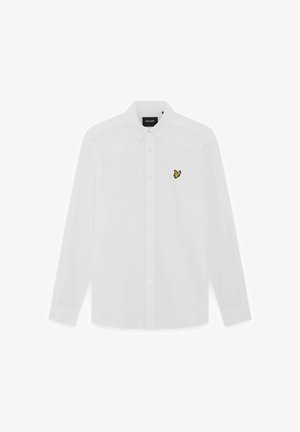 White long-sleeve button-up shirt with folded collar and small yellow bird logo on the left chest side.