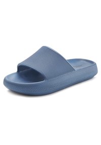 Blue rubber slide sandal featuring a wide strap with textured surface and contoured sole for comfort. Lightweight design with a matte finish.