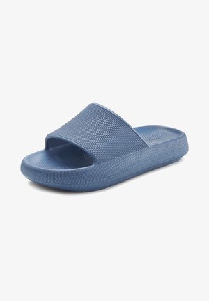 Blue rubber slide sandal featuring a wide strap with textured surface and contoured sole for comfort. Lightweight design with a matte finish.