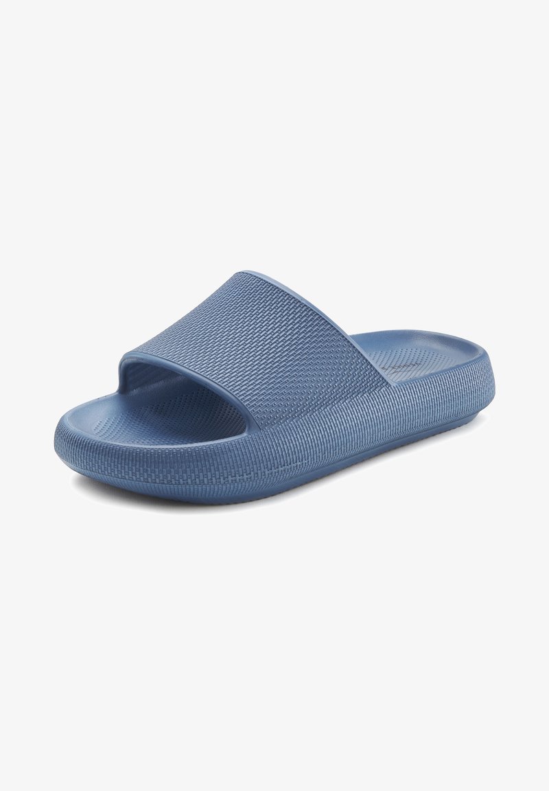 Blue rubber slide sandal featuring a wide strap with textured surface and contoured sole for comfort. Lightweight design with a matte finish.