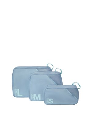 Three light blue packing cubes labeled S, M, and L, each with a handle on the top right corner, arranged by size.