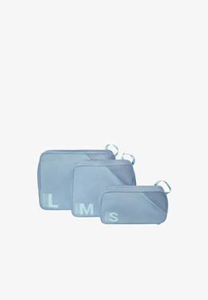 Three light blue packing cubes labeled S, M, and L, each with a handle on the top right corner, arranged by size.