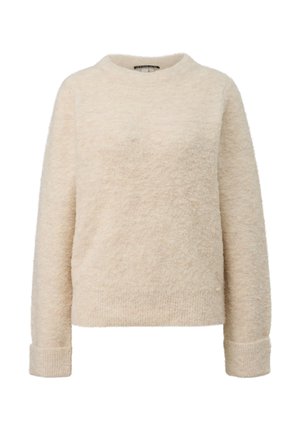Maglione fuzzy beige a maniche lunghe con scollo rotondo e polsini e orlo a costine, esposto su uno sfondo bianco.