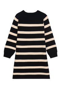 Schwarz-beige gestreiftes Strickkleid mit geripptem Muster, langen Ärmeln und rundem Ausschnitt. Der Saum endet oberhalb des Knies.