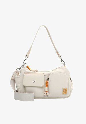 Vaaleanvärinen olkalaukku pehmeästä materiaalista, jossa useita taskuja, säädettävä olkahihna ja oranssit yksityiskohdat. Kompakti muotoilu vetoketjuilla.