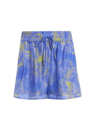 Pantaloni corti blu e verdi con un motivo, dotati di vita elastica e cordoncino. Tessuto leggero con una texture leggermente stropicciata.