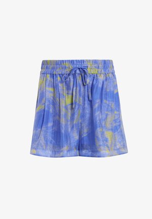 Pantaloni corti blu e verdi con un motivo, dotati di vita elastica e cordoncino. Tessuto leggero con una texture leggermente stropicciata.