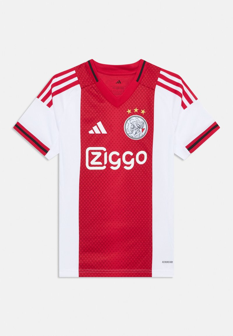 Rotes und weißes Fußballtrikot mit V-Ausschnitt, drei roten Streifen an den Schultern, Vereinslogo und Sponsorenschriftzug in fetter Schrift.