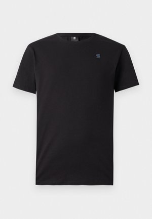 Black short-sleeve t-shirt made of soft cotton. Features a crew neck and a small logo in blue on the chest. Smooth texture and classic fit.