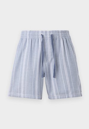 Blå og hvit stripete badshorts med elastisk liv, snor, to sidelommer og teksturert materiale.