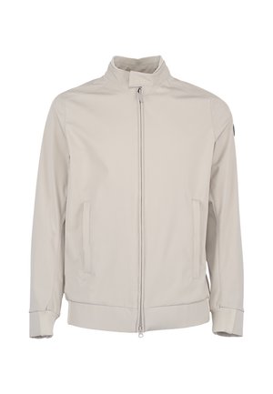 Lichtbeige jas met ritssluiting, hoge kraag, twee zijzakken en geribbelde manchetten en zoom, weergegeven op een witte achtergrond.