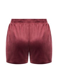 Bordeaux fluwelen broekjes met een elastische tailleband, een zachte textuur en een eenvoudig ontwerp. Geen zichtbare zakken of versieringen.