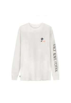 Long-sleeve white t-shirt in soft fabric, featuring a palm tree graphic and "SALT WAVE FESTIVAL" text in black on the left sleeve.
