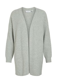Světlé šedé pletené sako s výstřihem do V, otevřeným předkem a dlouhými rukávy. Má žebrovanou strukturu a volný střih.