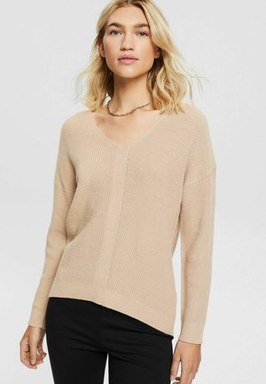V-NECK STRUCTURE SWEATER - Pullover - beige