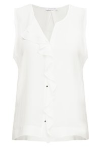 Biała bluzka bez rękawów z dekoltem w kształcie litery V, z bocznym falbanem, zapięciem na guziki i gładką teksturą materiału. Prosty design, bez wzorów.
