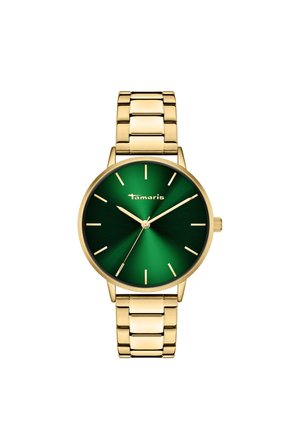 Montre-bracelet dorée avec un boîtier rond et un cadran dégradé vert. Présente des index horaires dorés et un bracelet en acier inoxydable.
